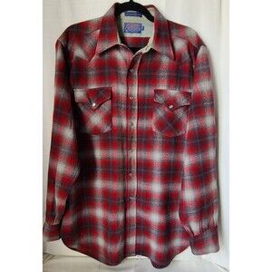 Vintage Pendleton Western Wear Wool Snap Shirt Red Plaid Elbow Patch USA Men's L